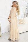 655-4 Dlouhé lehké třpytivé šaty s výstřihem a průhlednými rukávy - šampaňsko-béžová barva UNI