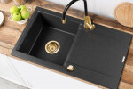INVENA - Granitový dřez TESALIA dlouhý odkap, černý s automatickým sifonem, zlatý AZ-01-Z43-B