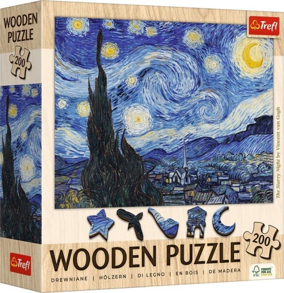 Dřevěné puzzle Art: Vincent van Gogh - Hvězdná noc 200 dílků