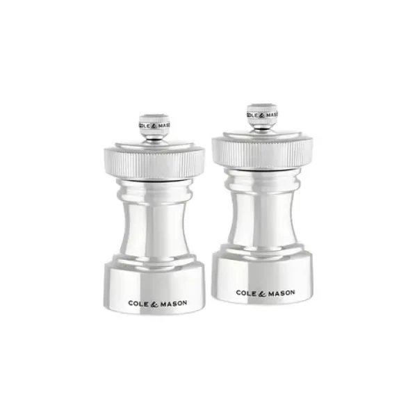 ColeMason Hoxton stříbrná / Sada mlýnků na sůl a pepř / nerez / nastavitelné mletí / 10,4 cm (H233116)