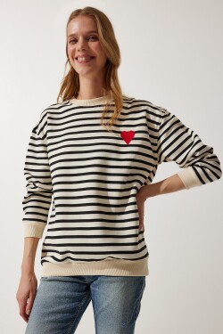 Happiness İstanbul Women's Cream Heart Detailed Striped Seasonal Sweatshirt