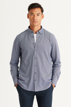 ALTINYILDIZ CLASSICS Men's Navy Blue Slim Fit Slim Fit Buttoned Collar Pique Patterned Knitted Shirt