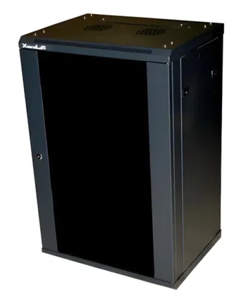 XtendLan 22U/600x450 černá / Nástěnný rozvaděč / jednodílný / skleněné dveře (WS-22U-64-BLACK-P)