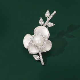 Luxusní brož s perlou a zirkony Ramona, Stříbrná Bílá