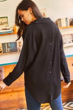 Olalook Women's Black Buttoned Back Long Textured Oversize Shirt