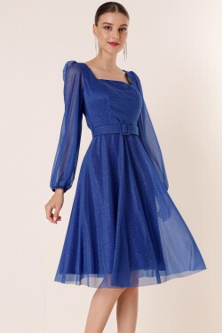By Saygı Square Belted Balloon Sleeve Lined Dress