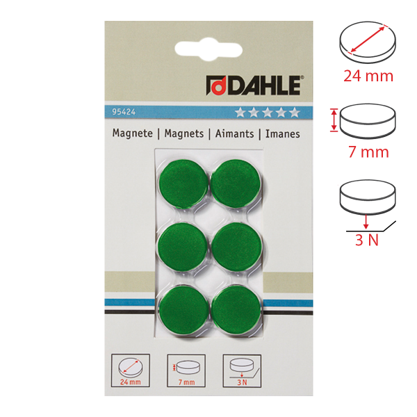 Dahle magnet plánovací, Ø 24 mm, 3 N, 6 ks, zelené