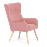 Křeslo, potah růžová manšestrová látka, dřevěné nohy, masiv kaučukovník