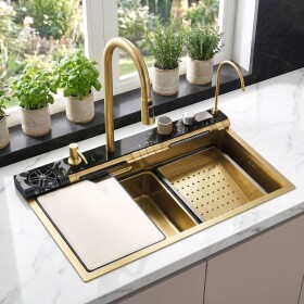 REA - Multifunkční ocelový dřez 10 v 1 Alonzo Brush Gold ZLE-06419