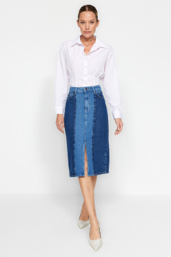 Trendyol modrá midi džínová sukně s barevnými bloky
