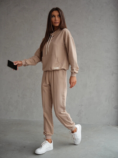 Béžový dámský teplákový komplet - mikina se stojáčkem a kalhoty (82162) odstíny béžové S (36)