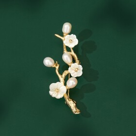 Brož s říčními perlami Chiarina - větvička, Zlatá Bílá