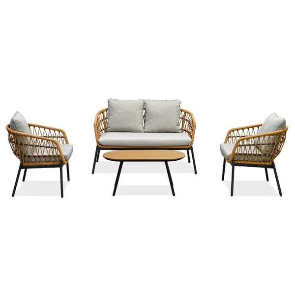 Zahradní set 1+1+2, stůl 90x48, židle a dvojsedačka, přírodní umělý ratan, kov antracit, světle šedá látka