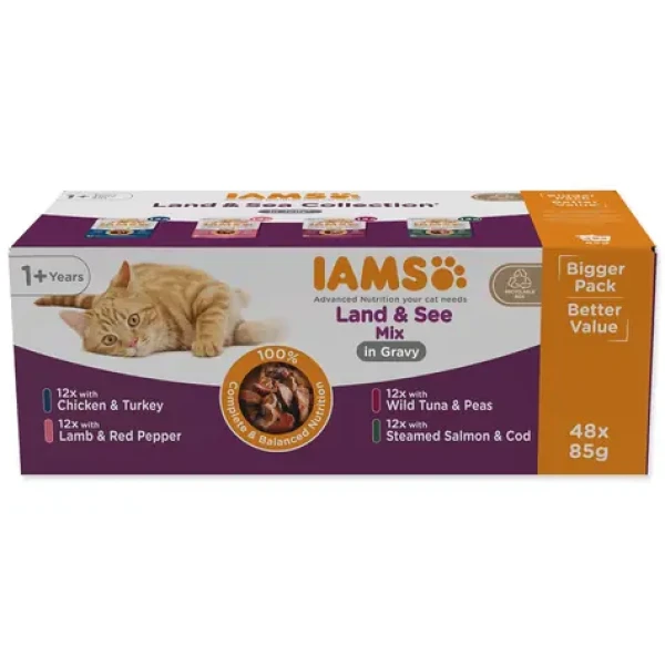 IAMS Delights Adult mořské a suchozemské maso v omáčce / Kapsičky pro kočky / Multipack 48× 85 g (173-150167)