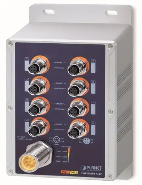 Planet vodotěsný PoE switch 8x FE M12 IP67 / Switch / 8x PoE 802.3at 180 W / -40 až 75 °C / 12-56 VDC (ISW-808PT-M12)