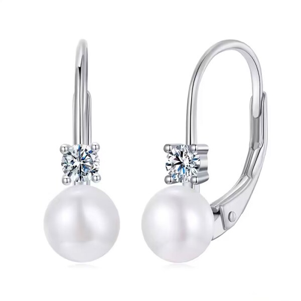 Stříbrné náušnice s perlou a 0,1 ct MOISSANITE + CERTIFIKÁT, Stříbrná Bílá