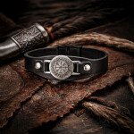 Pánský náramek Vegvisir - pravá kůže, chirurgická ocel, Černá 22 cm