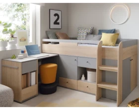 Zvýšená úložná postel se stolkem Room 90x200 cm, dub biscuit/šedá