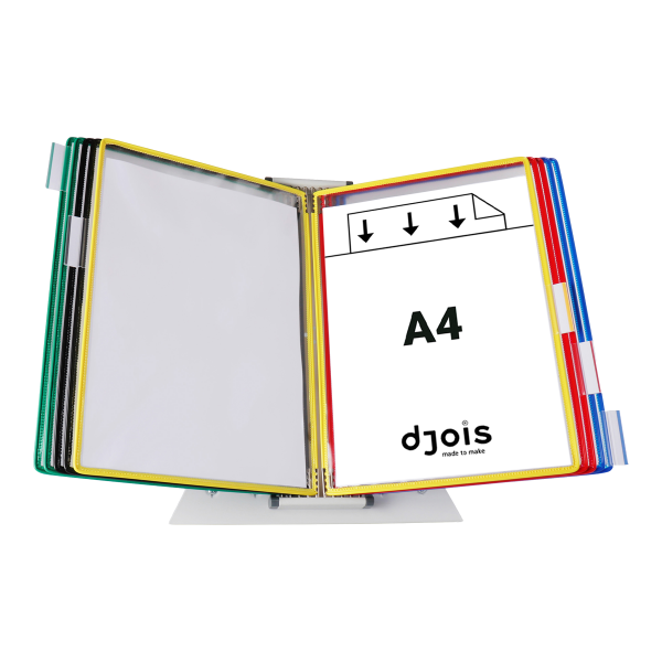 Djois pultový kovový stojan (lze použít i jako nástěnný držák), 10 rámečků s kapsami A4, otevřené shora, mix barev, 10 ks