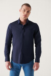 Avva Men's Navy Blue 100% Cotton Classic Collar Slim Fit Satin Shirt