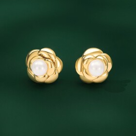 Elegantní květinové náušnice s perlou Viviane - stříbrné zapínání, Zlatá Bílá