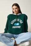 Happiness İstanbul Women's Emerald Green Hooded Chardon Printed Sweatshirt