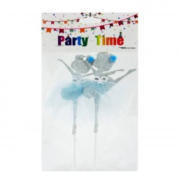 Dortisimo Zápich do dortu Baletky s bambulkou stříbrné s modrou sukní (2 ks)