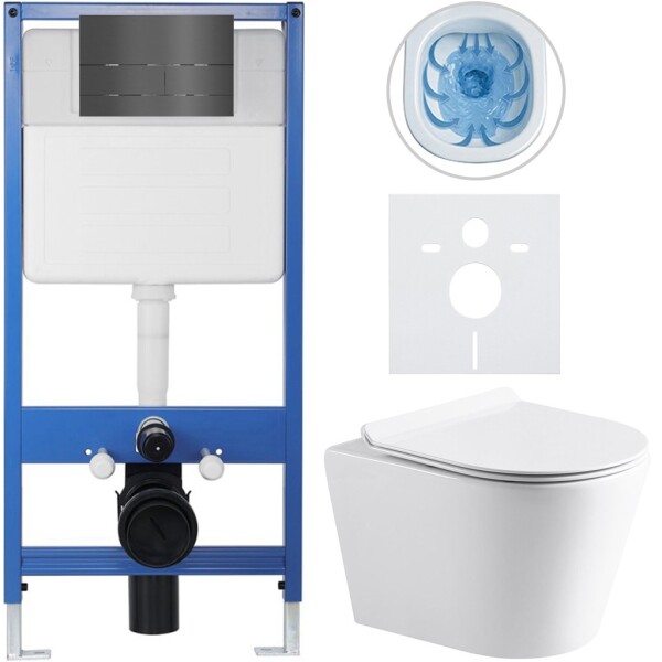 CERANO Kompletní podomítkový WC set Lite/Carlito - bílá lesklá - WC tlačítko Line, tmavě šedá - předstěnová instalace - 48,5x36,5 cm