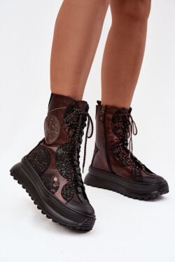 Kožené kotníkové boty na platformě s podšívkou Maciejka 06565-02 hnědozlaté 36