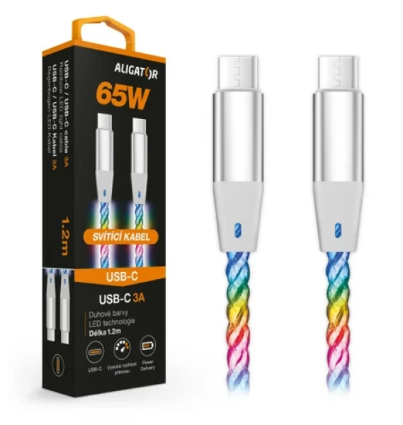 Aligator Datový kabel POWER 3A 65W / USB-C/USB-C / 1.2m svítící (DATKP62)
