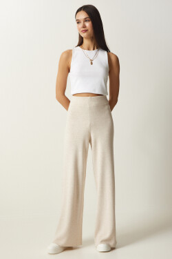 Happiness İstanbul Women's Cream Wide Leg Thick Knitwear Trousers