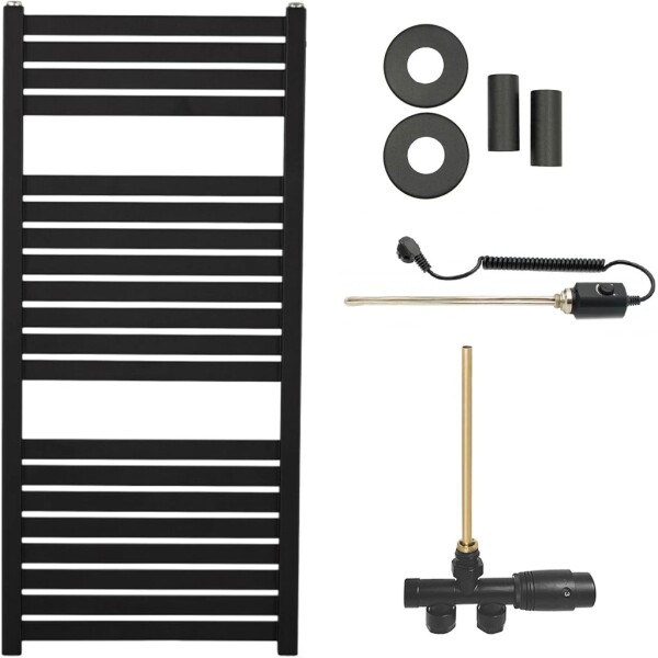CERANO Koupelnový radiátorový set Vincenzo - kombinované vytápění, termo tyč - boční jednobodové připojení - 300W - černá matná - 970x450 mm