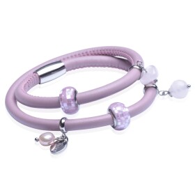 Náramek Josepha - přírodní kůže, chirurgická ocel, perla, křemen, Růžová 19,5 cm