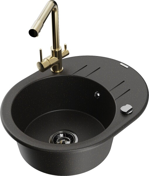 MEXEN/S - Kevin granitový dřez s odkapávačem včetně baterie Duero, černá/zlatá metalik 6517-75-671600-50-B