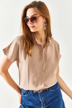 Olalook Women's Milk Coffee Bat Oversize Linen Shirt