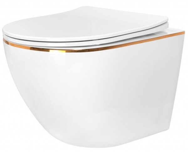 REA - Závěsná WC mísa včetně sedátka Carlo Mini Flat bílá/zlatý proužek REA-C1222