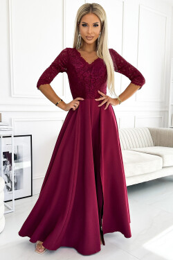 309-9 AMBER elegantní dlouhé maxi šaty s krajkovým výstřihem - Bordeaux XL
