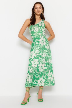Trendyol zelené pletené midi ohlávky na jedno rameno / bruslařské šaty s potiskem