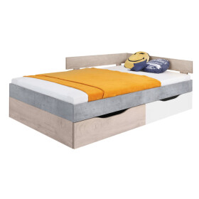 Dřevěná postel Amasi 120x200, bez matrace, beton, bílá, dub