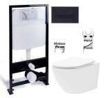 PRIM - předstěnový instalační systém s černým tlačítkem 20/0044 + WC REA Carlo Flat Mini Rimless + SEDÁTKO PRIM_20/0026 44 CF1