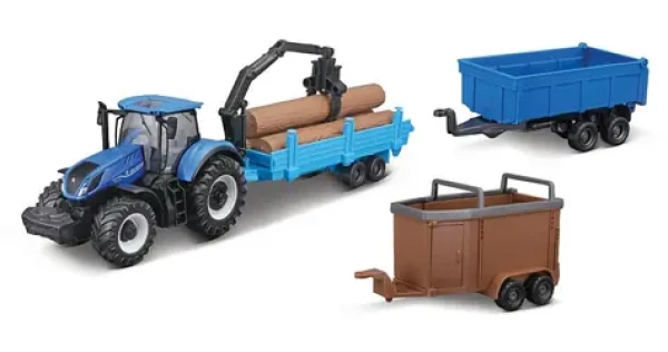 Bburago FARMLAND Set Traktor New Holland T7.315 HD se třemi přívěsy