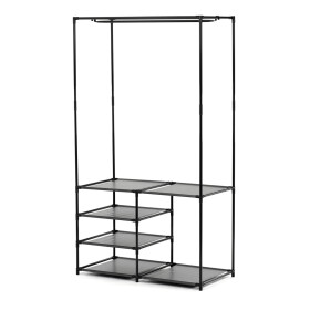 Stojan na šaty dvouramenný se čtyřmi policemi, černá barva, kov / plast, chrom