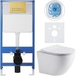 CERANO Kompletní podomítkový WC set Lite/Cesso - bílá lesklá - WC tlačítko Slim, zlatá - předstěnová instalace/sádrokarton - 49x36 cm - 367254