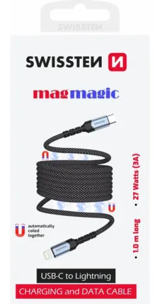 SWISSTEN Magnetický datový kabel USB-C - LIGHTNING 1m černá (71551020)