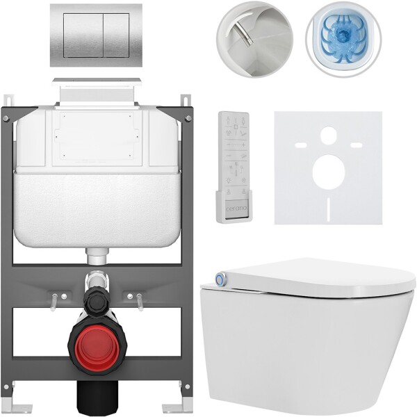 CERANO Závěsné WC s bidetem Basic/Cronus Premium - bílá lesklá - WC tlačítko Maxio/Stříbrná - ovládání shora - předstěnová instalace - 59,3x38,4 cm