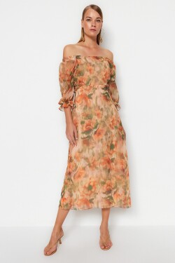 Trendyol Oranžová Květinový Carmen Límec A-Linie Bell Form Šifón Maxi Podšívka Tkané šaty