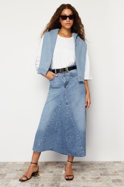 Trendyol modrá maxi džínová sukně volánovým okrajem vysokým pasem