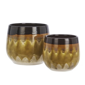 MADAM STOLTZ Kameninový obal na květináč Reactive Yellow / Brown / Beige menší, žlutá barva, hnědá barva, keramika