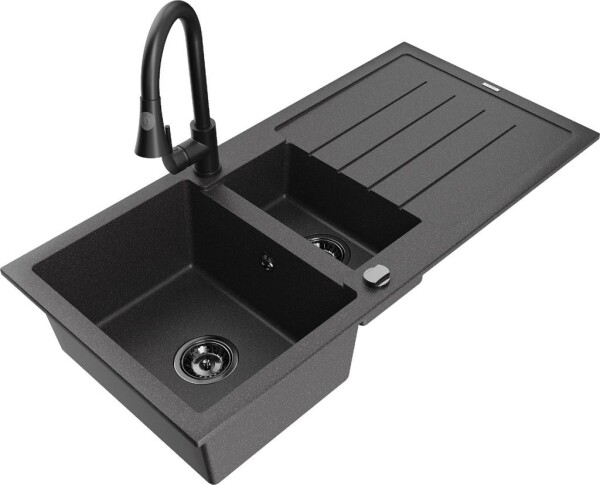 MEXEN - Andres granitový dřez s odkapávačem včetně baterie Elia, černá nakrapiany 6515-76-670101-70-B
