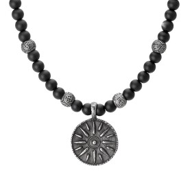 Pánský korálkový náhrdelník Nicolas - přírodní onyx, starožitná mince, Černá 55 cm